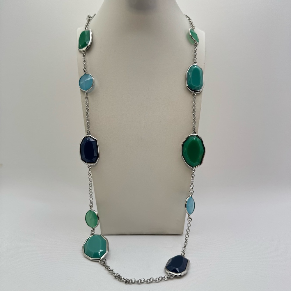 Premier Designs 40” Silver Tone Green Blue Stone Long Necklace Bold